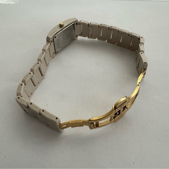 Isaac Mizrahi Live Ceramic Rectangular Dial Pale Taupe Gold Tone Watch
